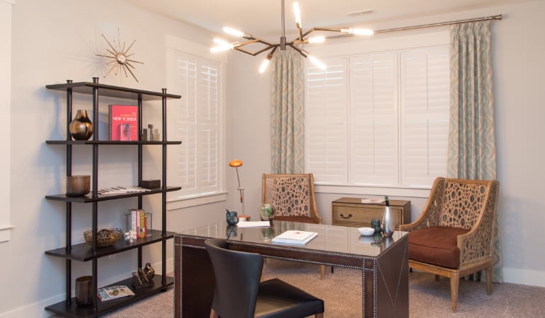 Indianapolis home office with plantation shutters.